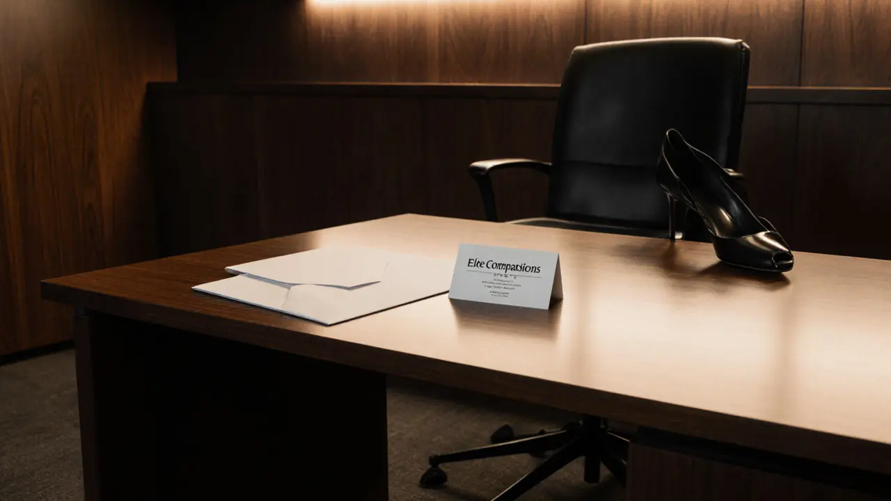 A discreet agency office in DIFC with business materials and a single shoe on the floor.