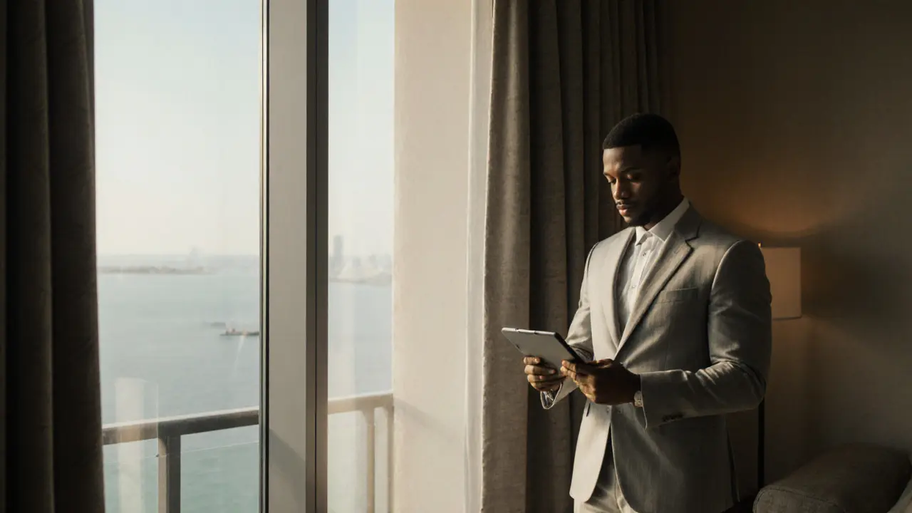 A professional companion reviewing a private itinerary in a luxurious Palm Jumeirah suite.
