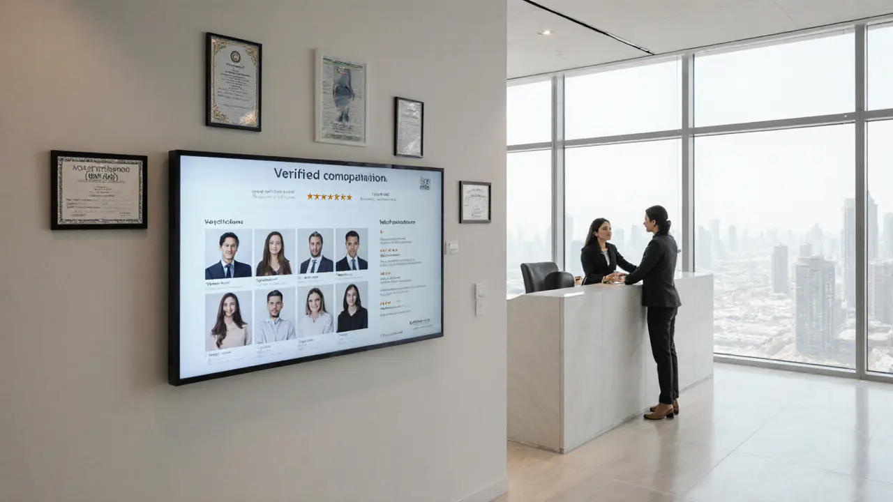 A professional companionship agency office in Dubai with verified profiles and a client being assisted.