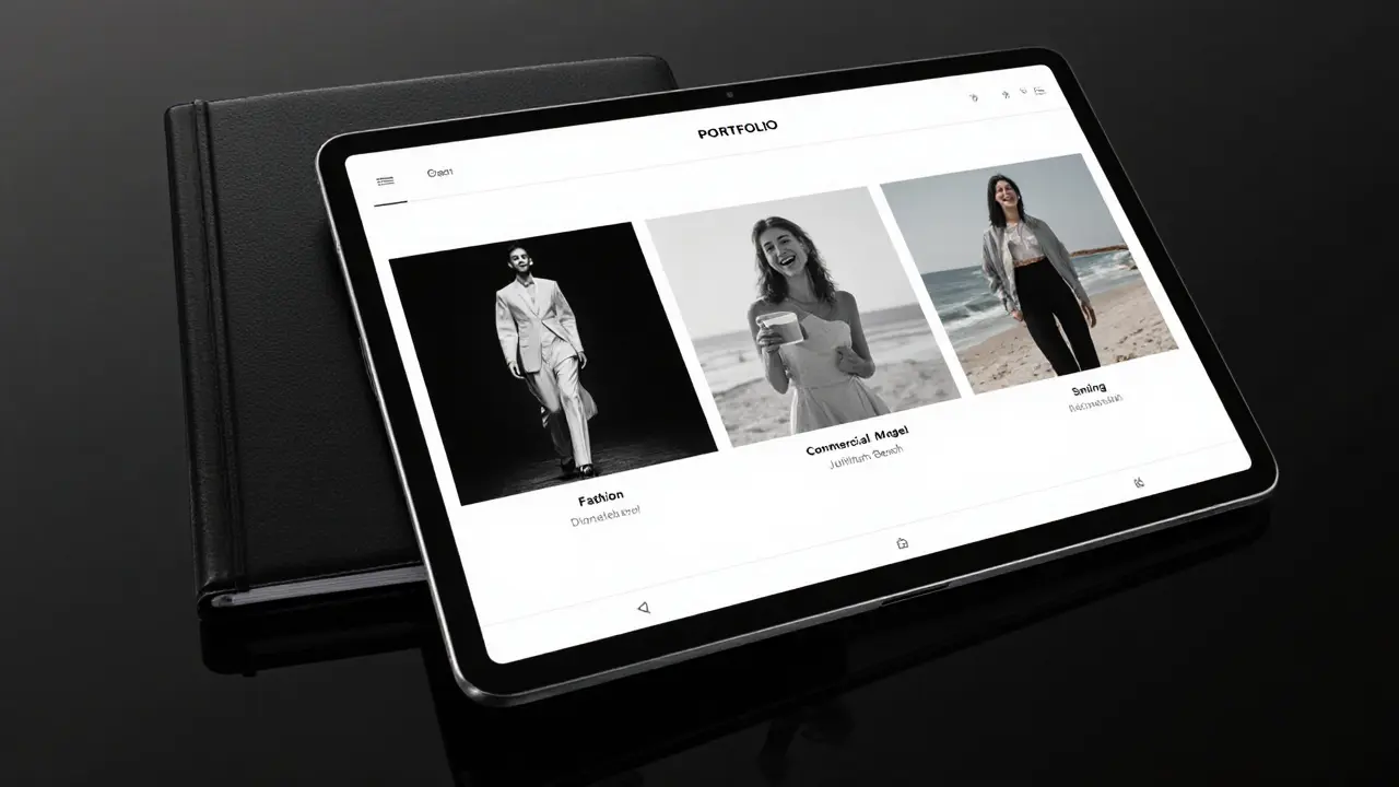 Digital portfolio on tablet showing three modeling styles: fashion, commercial, and editorial, no text or logos.