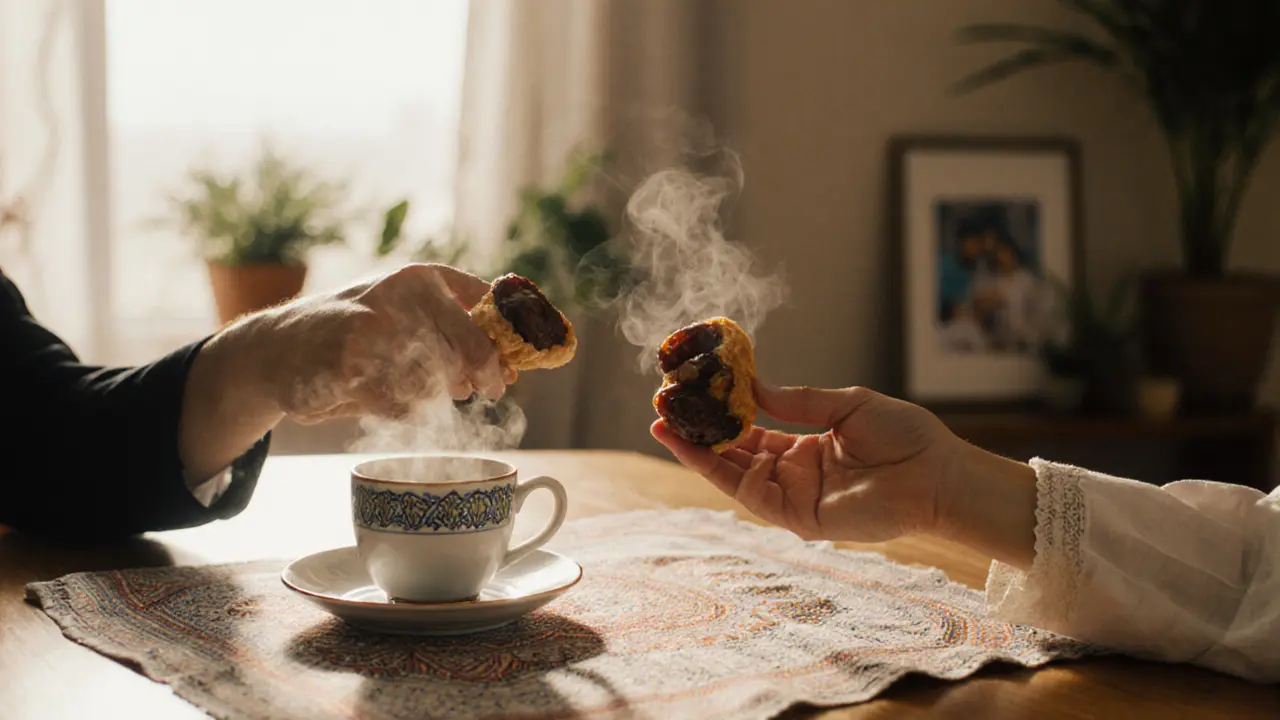 Hand offering a homemade pastry across a table, symbolizing warm connection in Dubai.