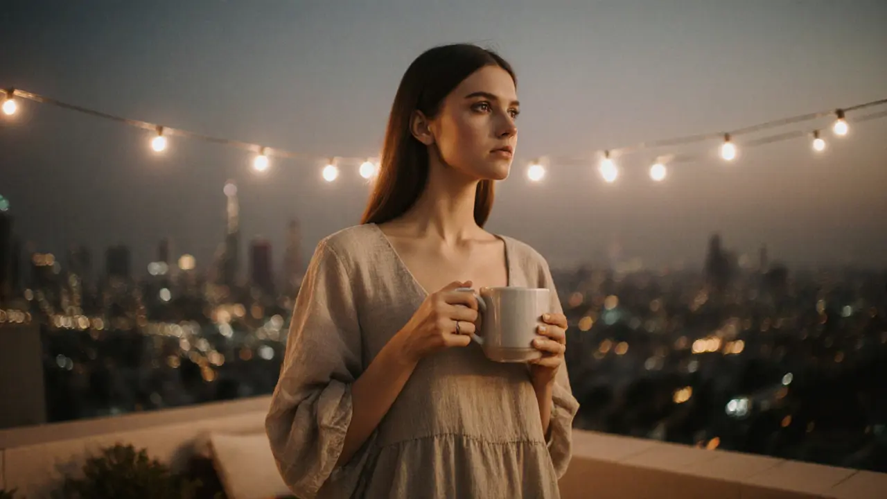 Model in linen dress sipping Arabic coffee on a Dubai rooftop at dusk, city lights blurred in background.