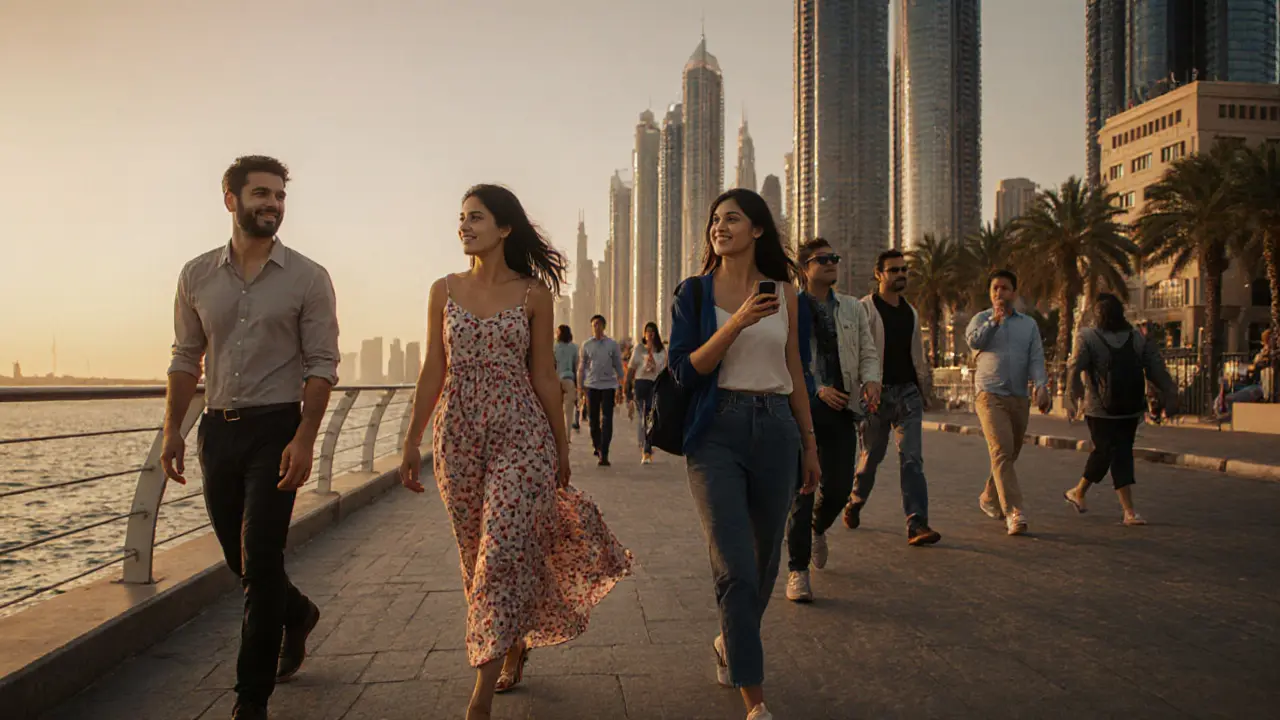 Travelers enjoying public Dubai experiences with companions at Marina, Mall, and Desert Safari.