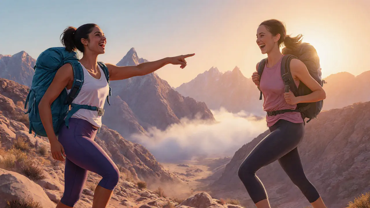 Women hiking together at sunrise in the Hatta mountains, enjoying the view.