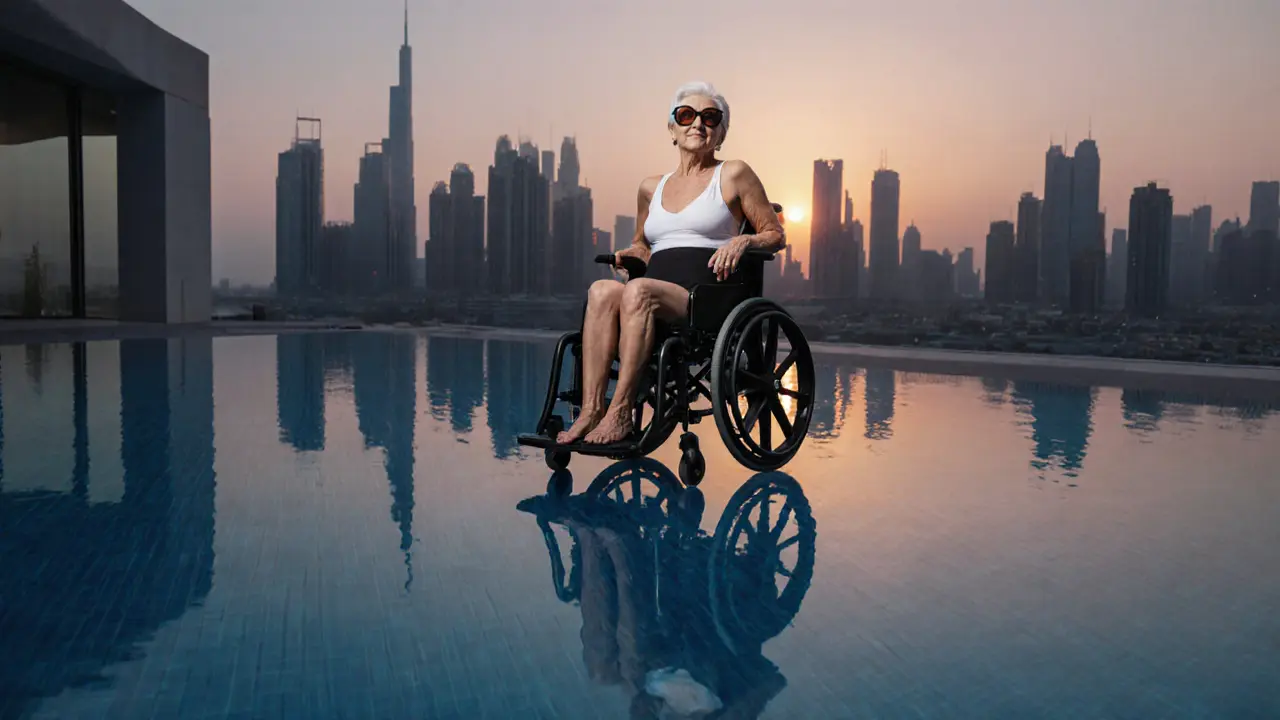 A 70-year-old woman in a wheelchair poses confidently against Dubai&#039;s skyline at sunset, wearing a swimsuit and sunglasses, reflection in water.