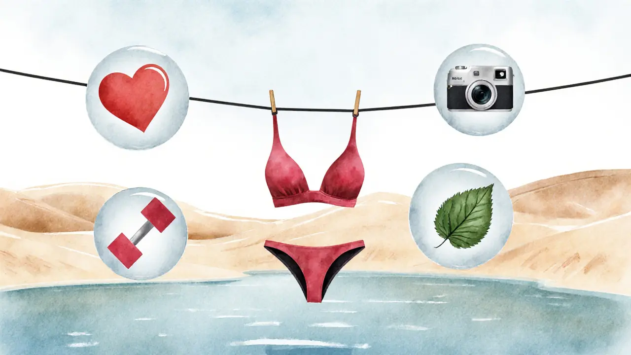A bikini hanging on a line with symbolic icons representing fitness, sustainability, and content creation.