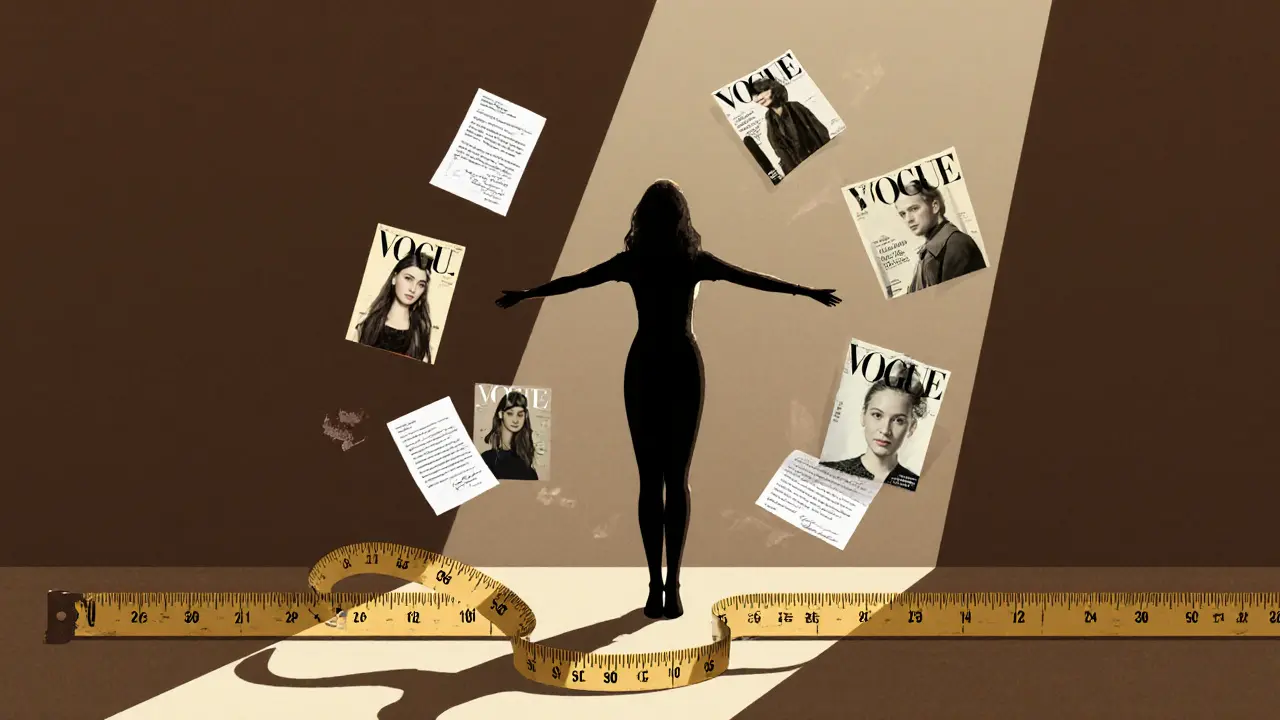 A broken tape measure with waist sizes fading from 22 to 38 inches beside a confident woman.