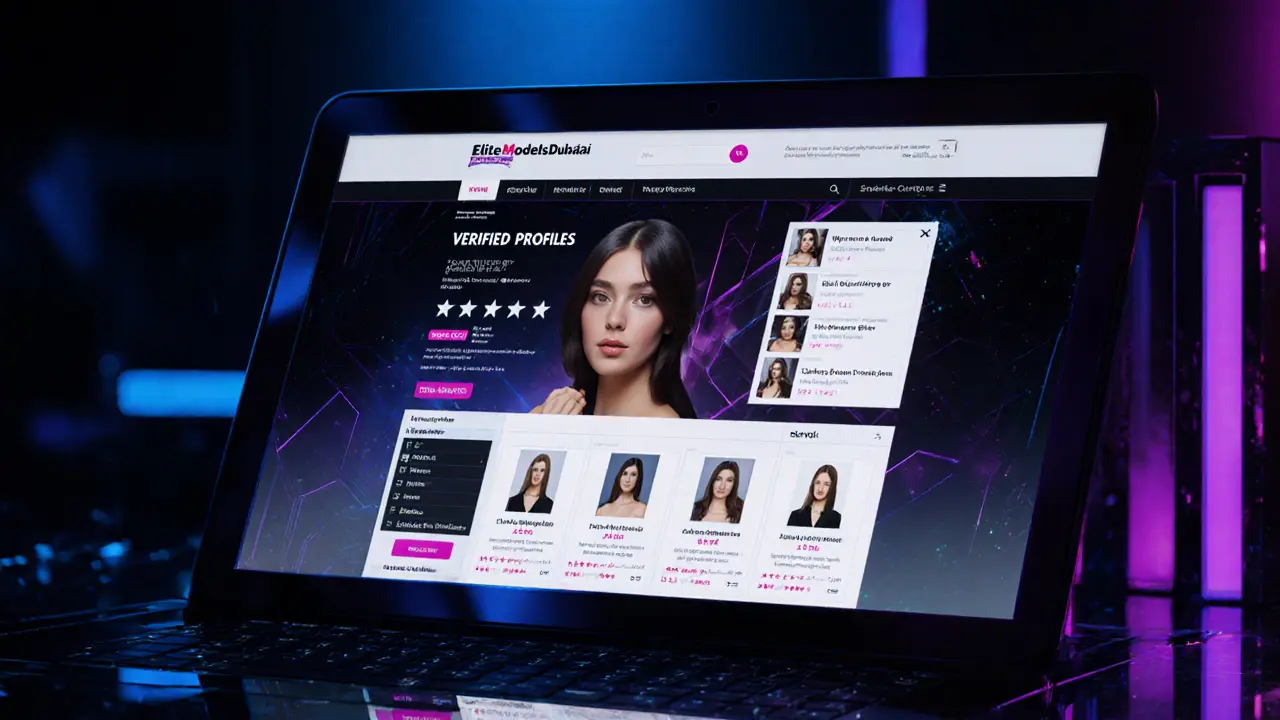 A computer screen showing a verified escort service website with profile cards and reviews, no text visible.