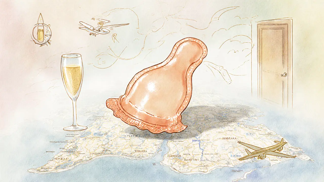 A condom floating above Dubai map with icons of nightlife, travel, and privacy in soft watercolor style.