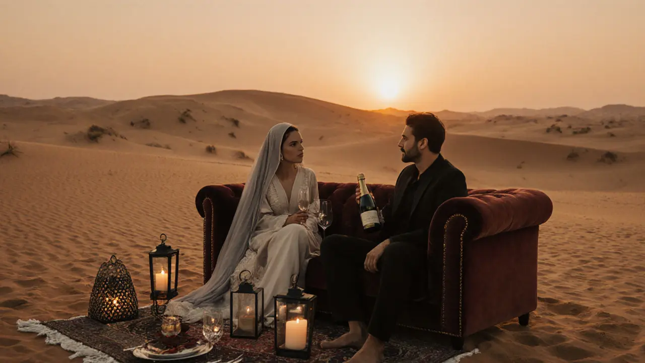 A couple enjoying a quiet desert picnic at sunset in Dubai, lanterns glowing, dunes in the background.