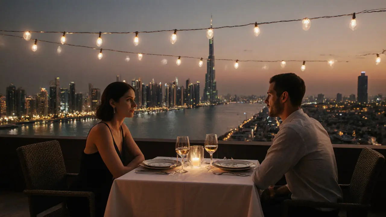 A couple enjoying a quiet rooftop dinner in Jumeirah with Dubai Marina lights in the background.