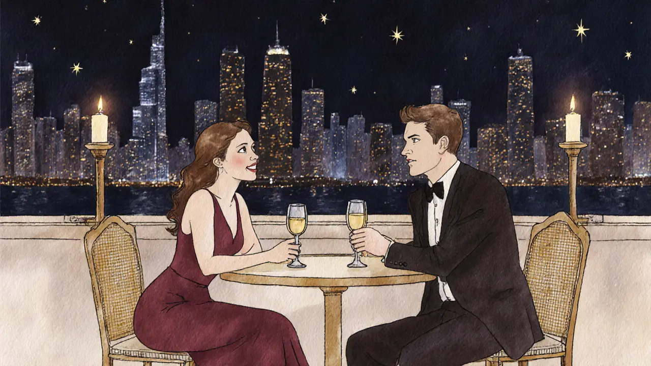 A couple sharing a quiet moment on a candlelit terrace in Jumeirah, city lights glowing softly in the background.