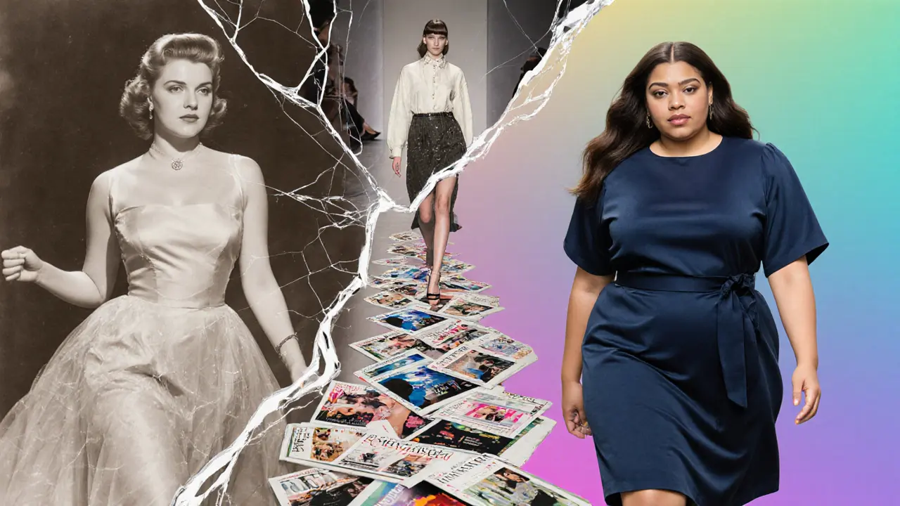 A cracked mirror reflecting 1950s and modern plus-size models, symbolizing fashion&#039;s evolution toward inclusivity.