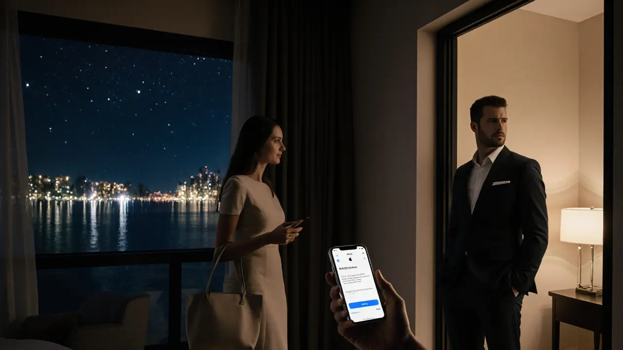 A digital payment confirmation on a smartphone in a modern Dubai hotel room.