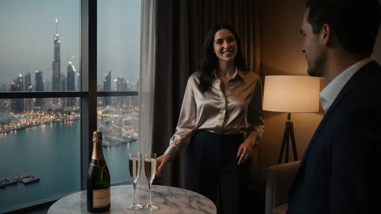 A Euro escort and client enjoying the Dubai Marina lights from a hotel suite balcony in the evening.