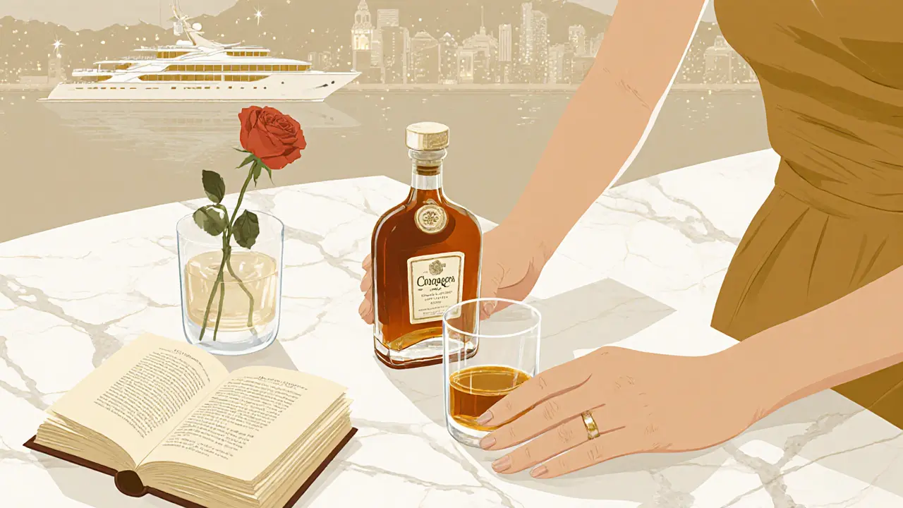 A hand places a bottle of cognac beside a rose and book, reflecting the quiet, personal elegance of luxury event hosting.