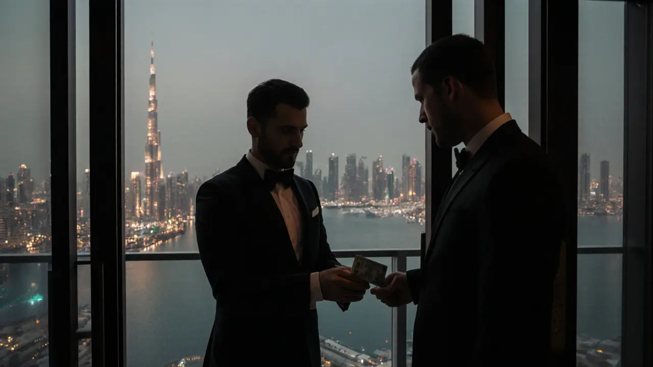 A man paying cash at the entrance of a discreet luxury venue in Dubai Marina.