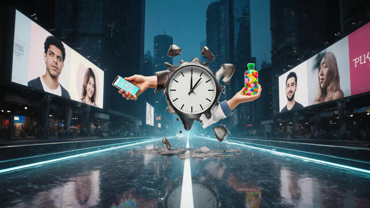 A melting clock on a Dubai runway with hands shaped as different-aged models holding branded products, surreal and cinematic.