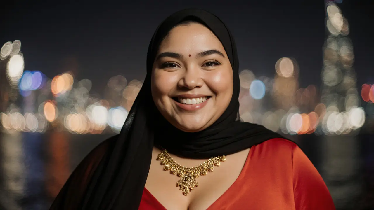 A Middle Eastern plus-size model in a red dress and hijab, smiling with Dubai lights behind her.