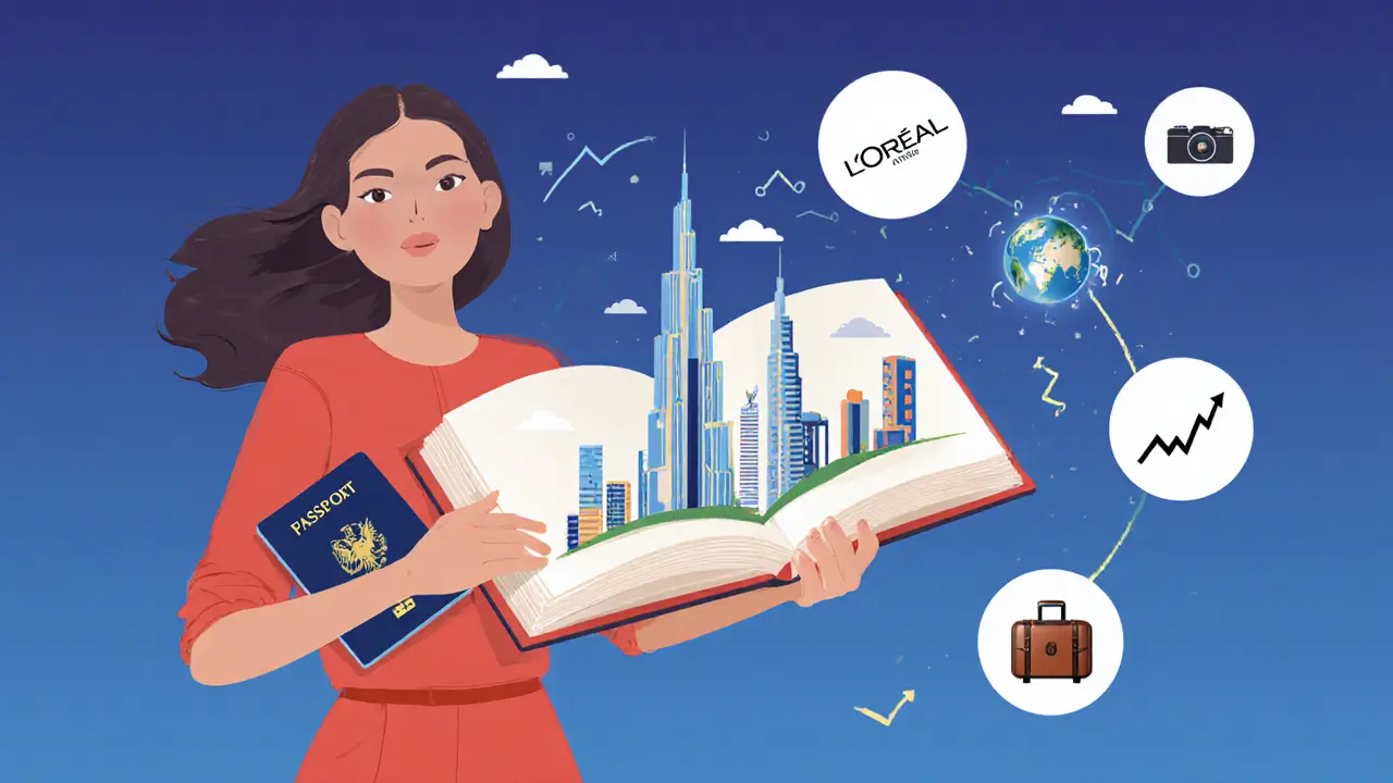 A model holding a passport with Dubai&#039;s skyline rising from it, surrounded by symbols of global fashion and opportunity.