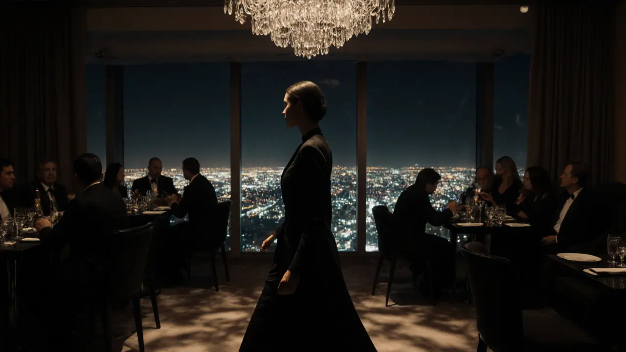 A model moves gracefully through a dimly lit lounge at Level 43, with Dubai’s skyline visible through floor-to-ceiling windows.