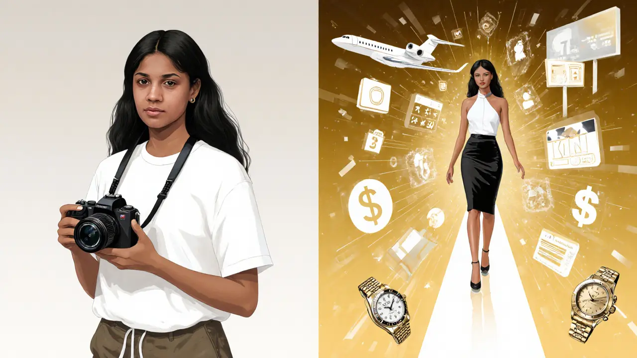 A model transforming from everyday person into a brand ambassador with floating luxury and social media symbols.