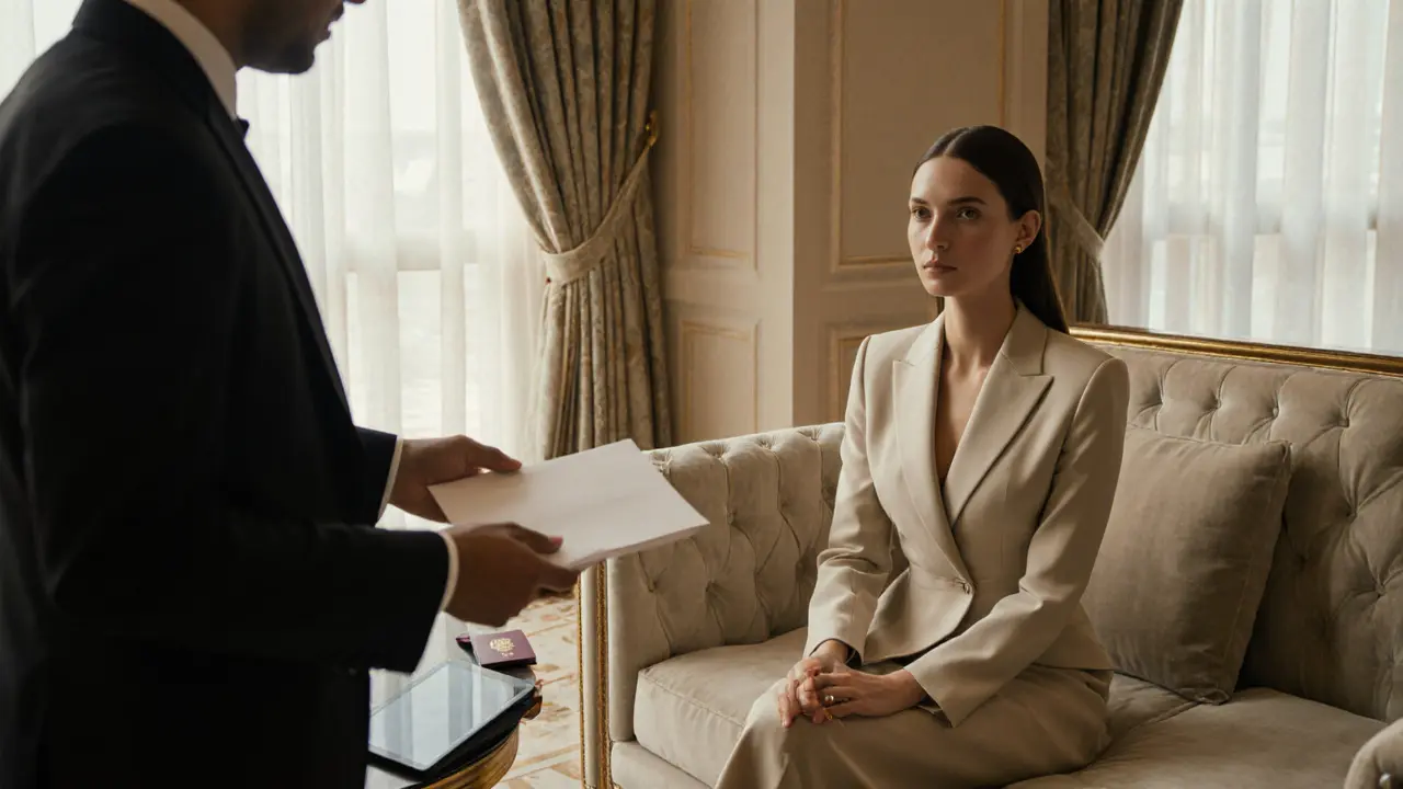A model waits calmly in a luxury hotel lobby as a concierge hands her a sealed envelope, conveying discretion and professionalism.