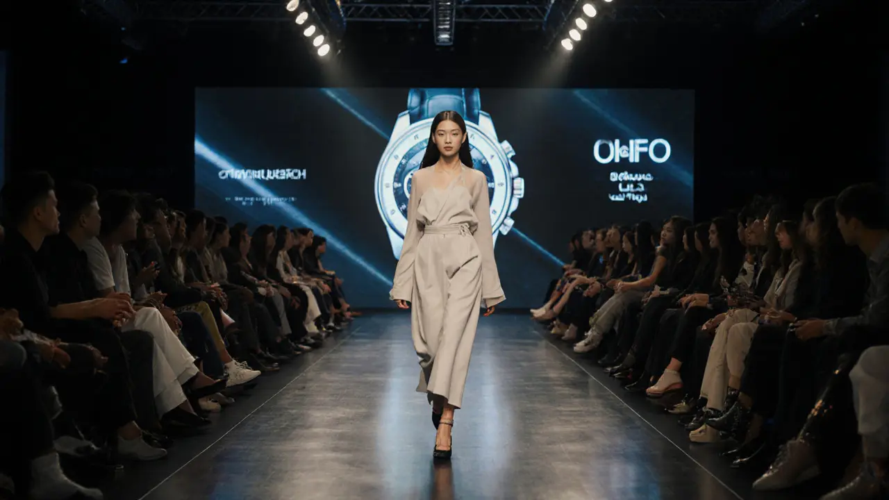 A model walking the runway at Dubai Fashion Week under bright spotlights, audience blurred in the background.