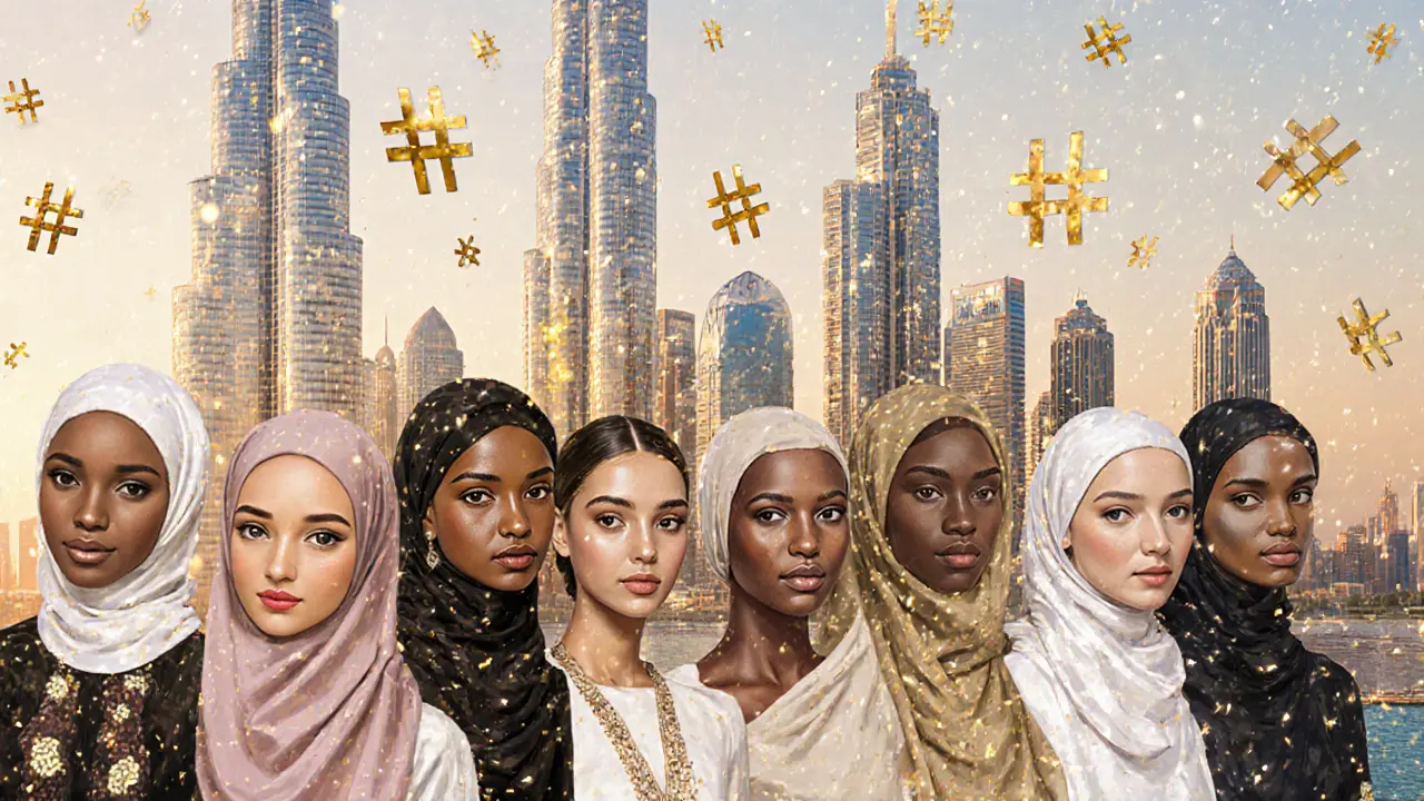 A mosaic of diverse female faces forming the Dubai skyline, blending modest and Western fashion styles with glowing hashtags.