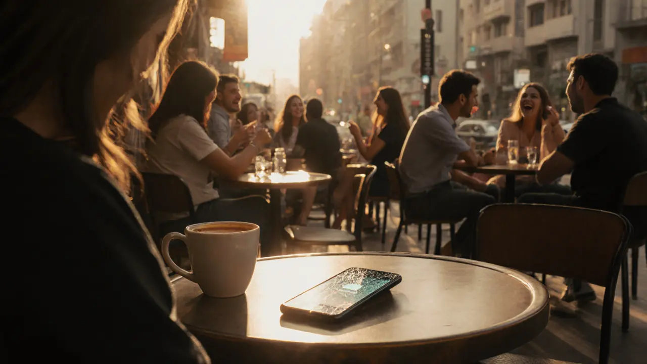A person alone in a busy Dubai café, ignoring a hidden phone.