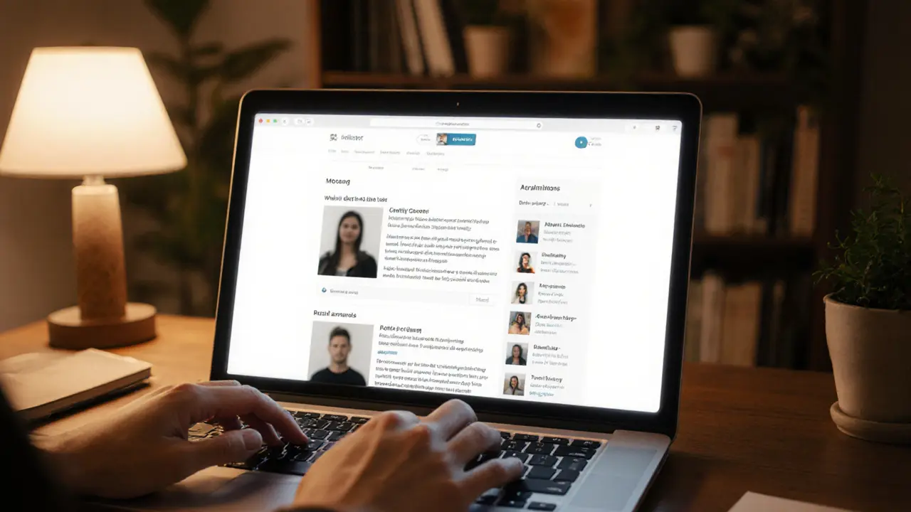 A person viewing a discreet escort website on a laptop, simple blog layout, warm ambient room lighting.