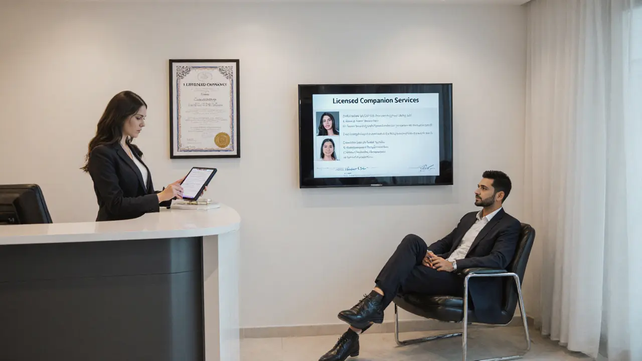 A professional escort agency office in DIFC with a client reviewing a contract in a calm, safe environment.