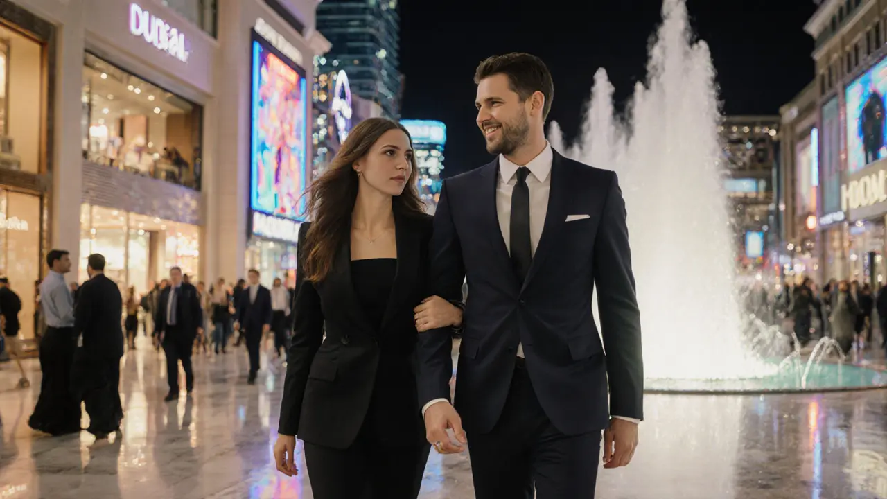 A professional escort and client walking together through the illuminated Dubai Mall at night.