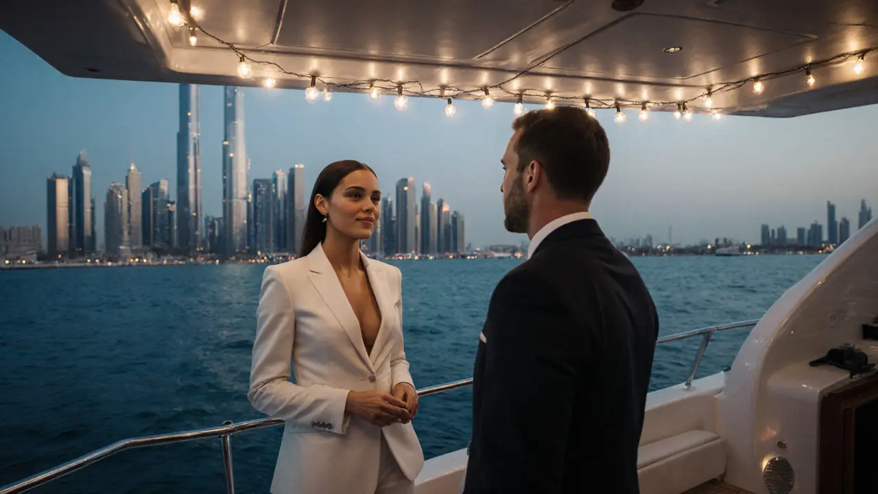 A professional model converses with a client on a luxury yacht at dusk, Dubai skyline shimmering in the background.