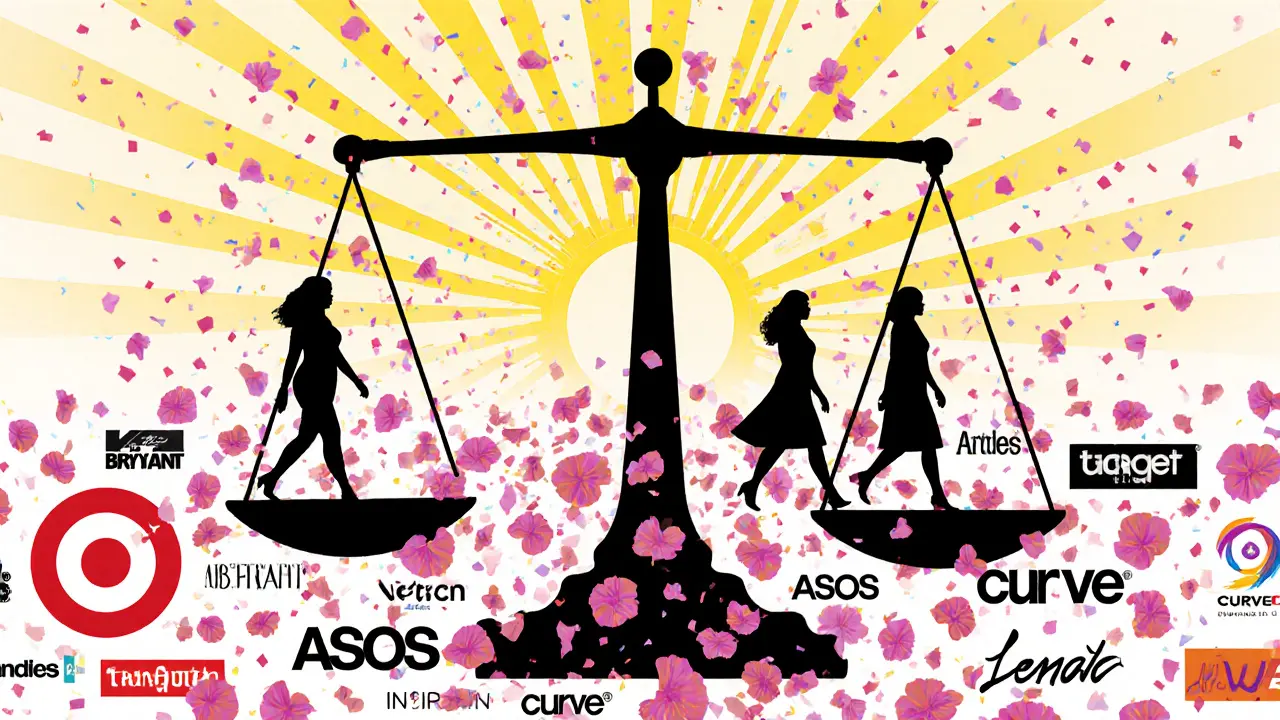 A scale turning into petals as models of all sizes walk toward a bright sunburst.