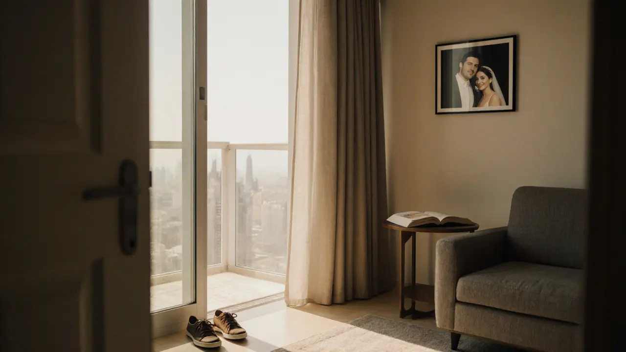 A serene private apartment in Dubai with morning light, shoes by the door, and a married couple&#039;s photo on the wall.