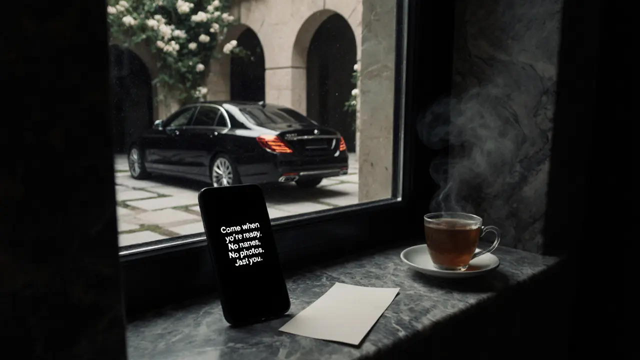 A smartphone displaying a discreet message on a marble windowsill overlooking a private garden in Dubai.
