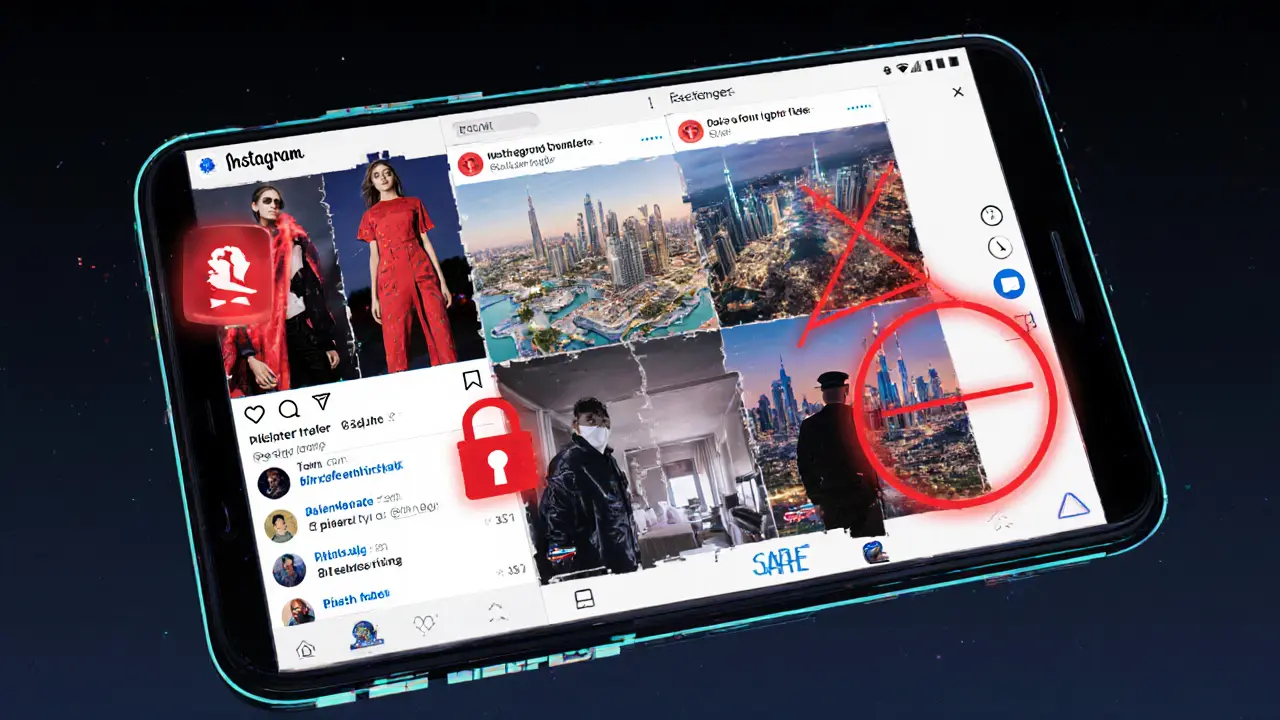 A smartphone screen shows hidden escort ads with warning symbols overlaying luxury images.