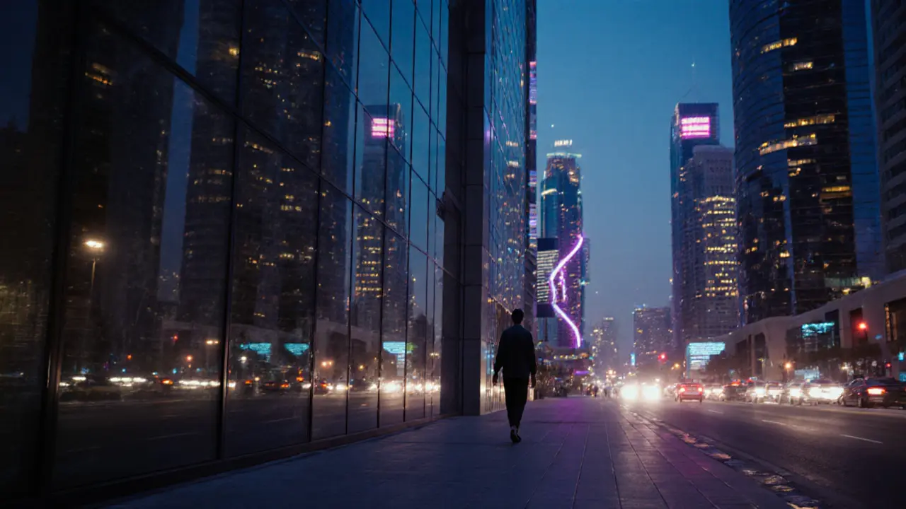 A solitary figure walks alone under Dubai&#039;s glowing skyscrapers at dusk, surrounded by loneliness.