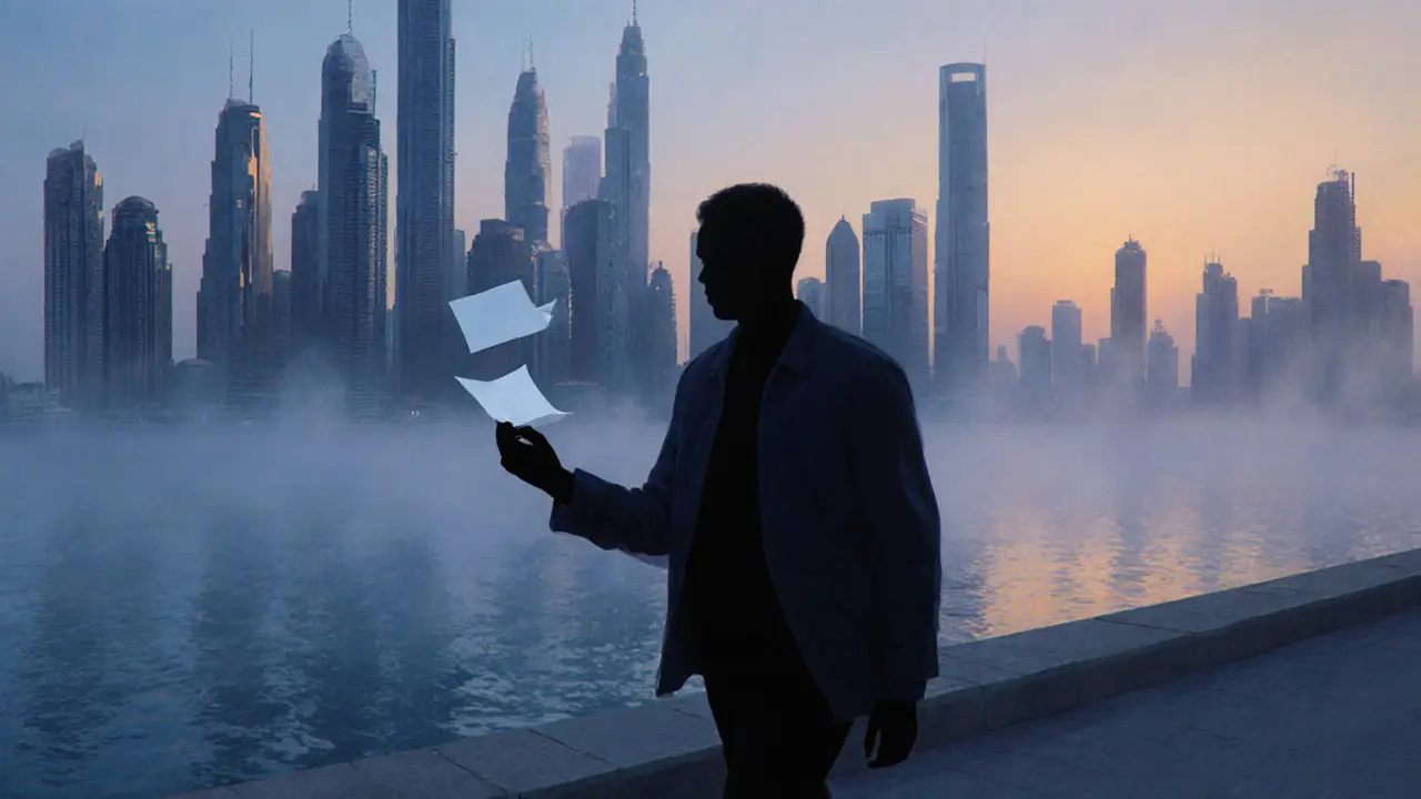 A solitary figure walks along Dubai Marina at dusk, a folded note blowing in the breeze.