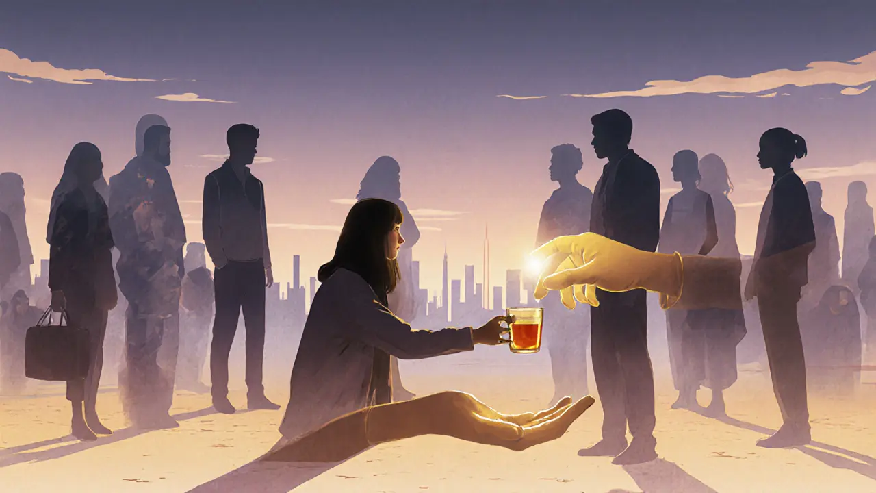 A solitary traveler comforted by a symbolic hand offering tea in a desert city skyline.