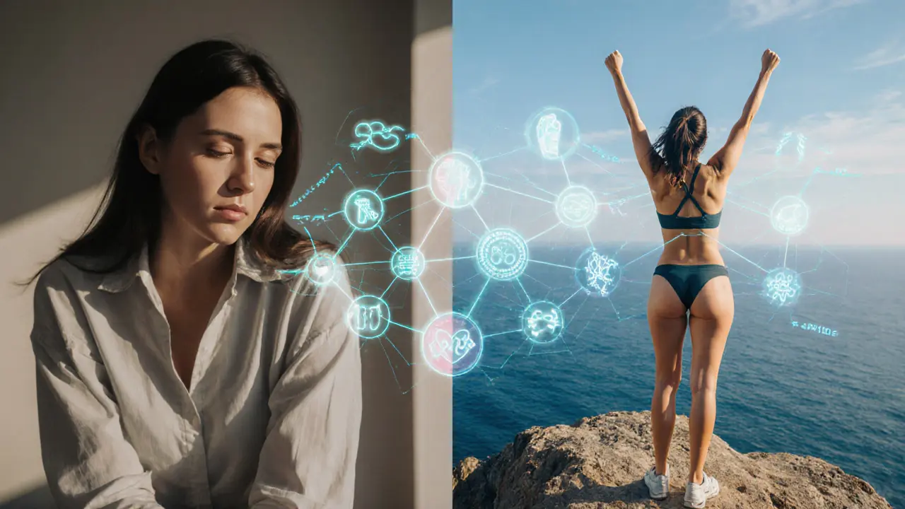 A split-image showing a woman&#039;s transformation from self-doubt to strength, with symbolic elements of health and vitality.