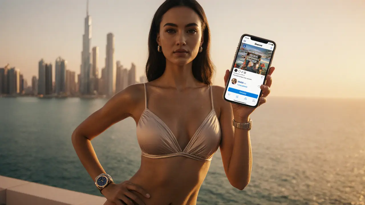 A successful model on a Palm Jumeirah rooftop at sunset wearing luxury swimwear, holding a watch as social media likes glow behind her.