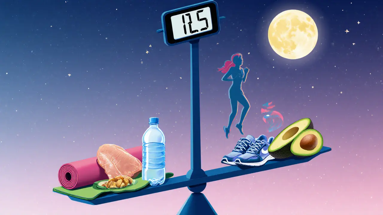 A symbolic scale showing health elements like water, food, and rest instead of just a weight number.