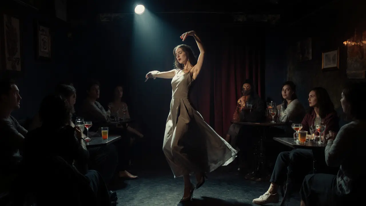 A woman dancing softly on a small stage in a hidden Dubai bar, no physical contact.