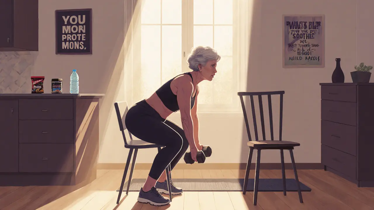 A woman in her 50s doing a seated squat with dumbbells at home, sunlight streaming through a window.