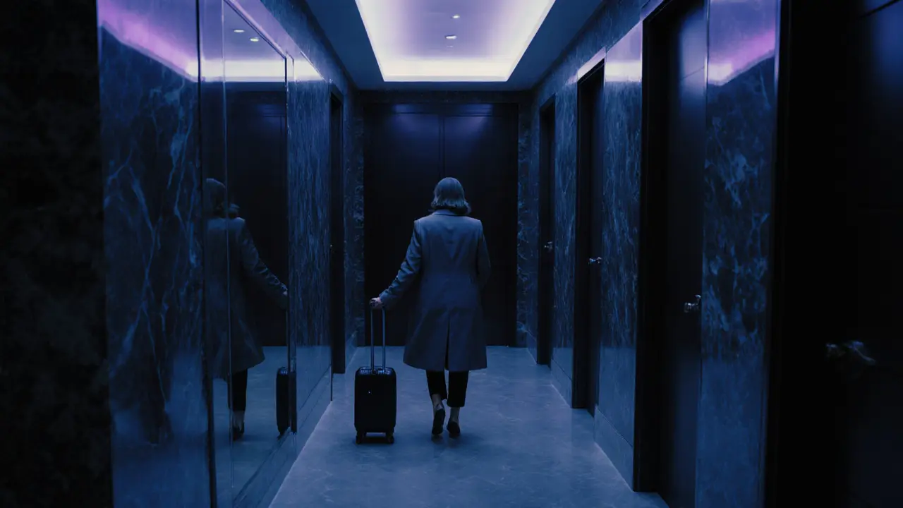 A woman walking calmly down a luxury Dubai hotel corridor at night, reflection visible, anonymous and composed.