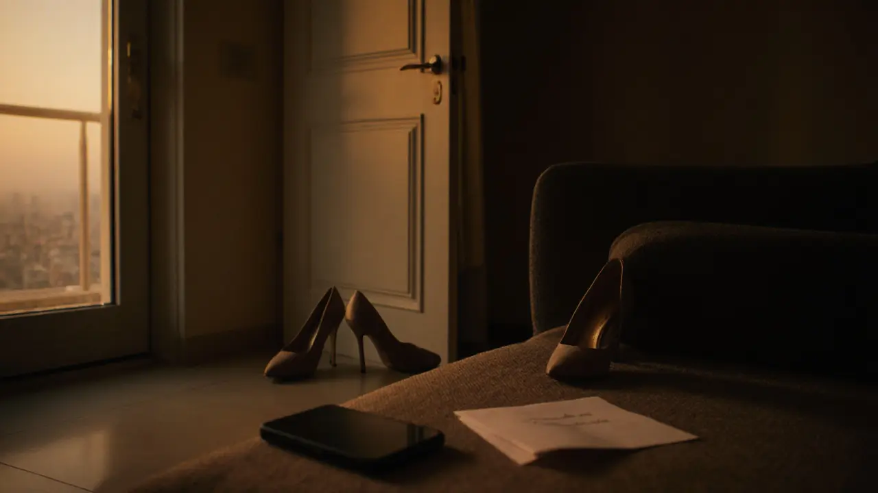 An empty apartment in Jumeirah with high heels and a phone on a couch, hinting at a discreet encounter.