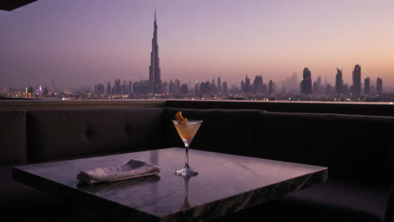 An empty rooftop lounge in Dubai at dusk, with the city skyline in the background and a single drink glass left behind.