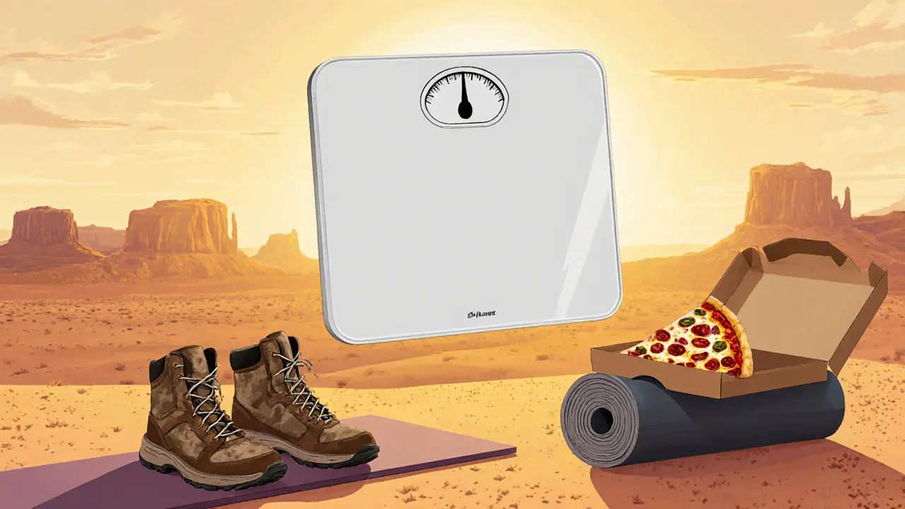 An empty scale in the desert with hiking boots, a yoga mat, and pizza box nearby.